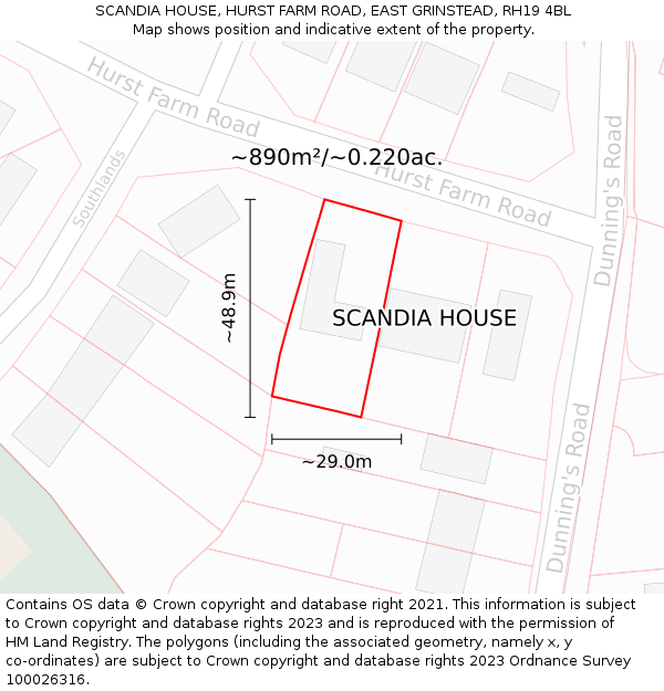 SCANDIA HOUSE, HURST FARM ROAD, EAST GRINSTEAD, RH19 4BL: Plot and title map