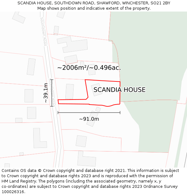 SCANDIA HOUSE, SOUTHDOWN ROAD, SHAWFORD, WINCHESTER, SO21 2BY: Plot and title map