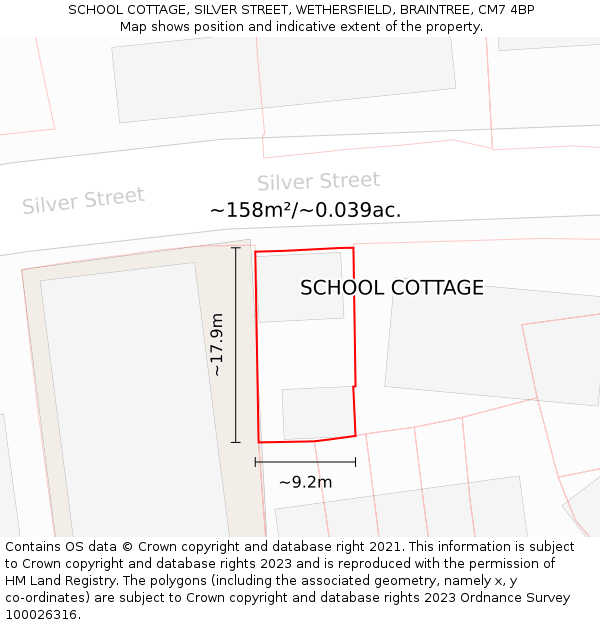 SCHOOL COTTAGE, SILVER STREET, WETHERSFIELD, BRAINTREE, CM7 4BP: Plot and title map