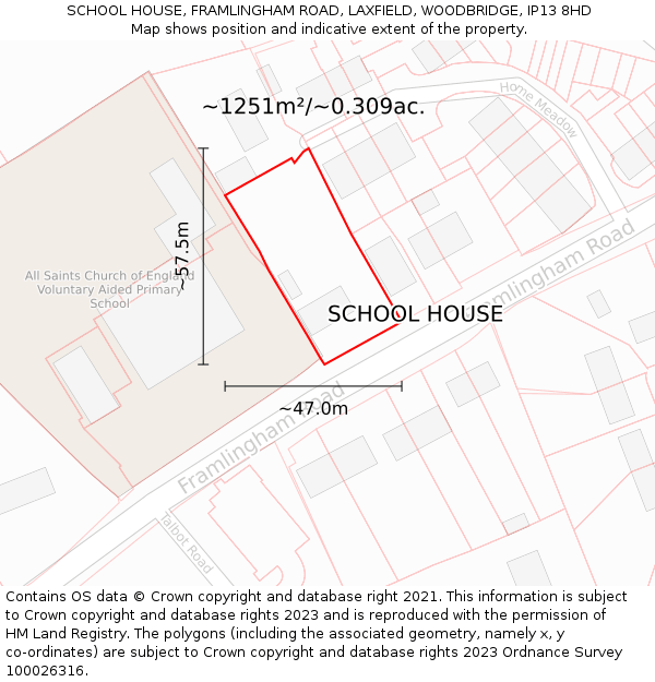 SCHOOL HOUSE, FRAMLINGHAM ROAD, LAXFIELD, WOODBRIDGE, IP13 8HD: Plot and title map