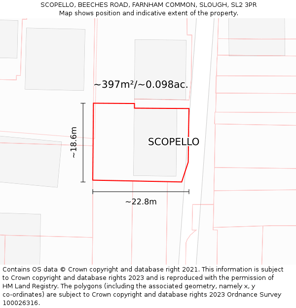 SCOPELLO, BEECHES ROAD, FARNHAM COMMON, SLOUGH, SL2 3PR: Plot and title map