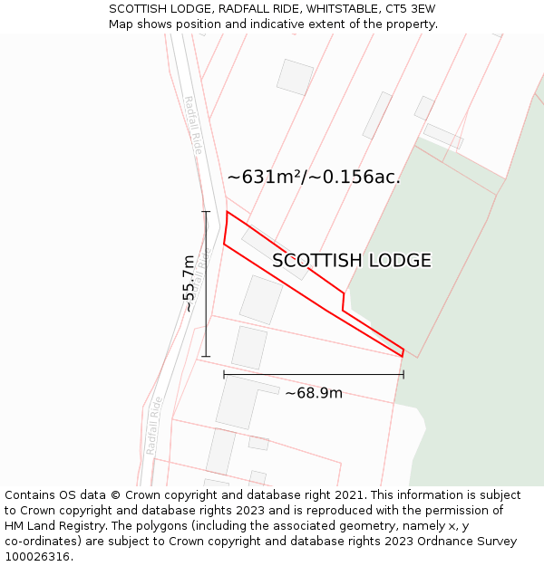 SCOTTISH LODGE, RADFALL RIDE, WHITSTABLE, CT5 3EW: Plot and title map