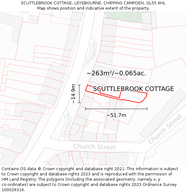 SCUTTLEBROOK COTTAGE, LEYSBOURNE, CHIPPING CAMPDEN, GL55 6HL: Plot and title map