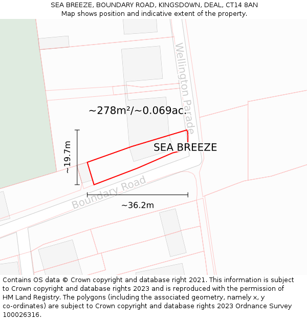 SEA BREEZE, BOUNDARY ROAD, KINGSDOWN, DEAL, CT14 8AN: Plot and title map
