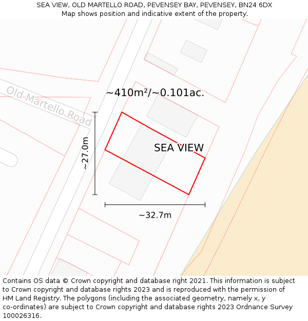 SEA VIEW, OLD MARTELLO ROAD, PEVENSEY BAY, PEVENSEY, BN24 6DX: Plot and title map