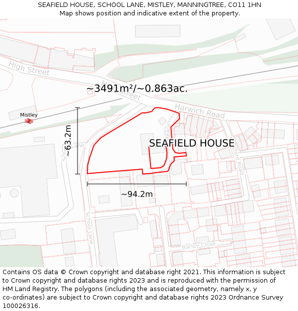 SEAFIELD HOUSE, SCHOOL LANE, MISTLEY, MANNINGTREE, CO11 1HN: Plot and title map