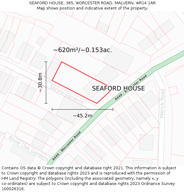 SEAFORD HOUSE, 365, WORCESTER ROAD, MALVERN, WR14 1AR: Plot and title map