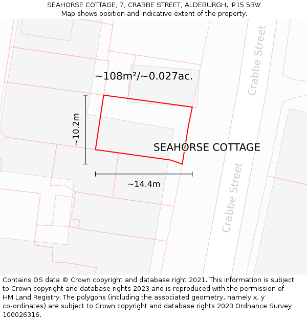 SEAHORSE COTTAGE, 7, CRABBE STREET, ALDEBURGH, IP15 5BW: Plot and title map