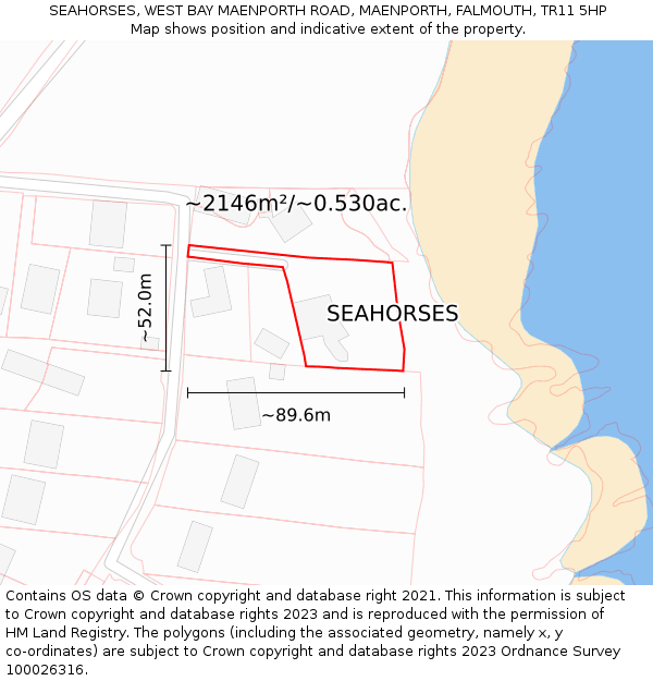 SEAHORSES, WEST BAY MAENPORTH ROAD, MAENPORTH, FALMOUTH, TR11 5HP: Plot and title map