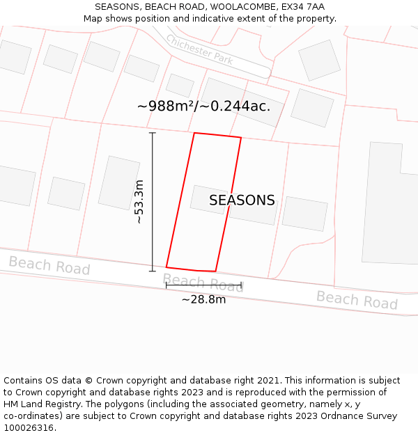 SEASONS, BEACH ROAD, WOOLACOMBE, EX34 7AA: Plot and title map