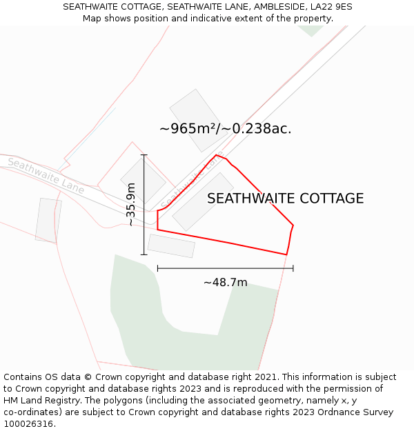 SEATHWAITE COTTAGE, SEATHWAITE LANE, AMBLESIDE, LA22 9ES: Plot and title map