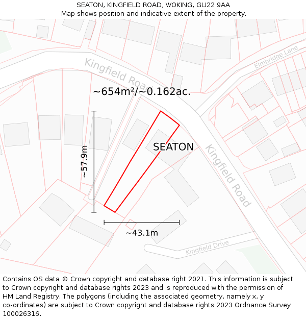 SEATON, KINGFIELD ROAD, WOKING, GU22 9AA: Plot and title map