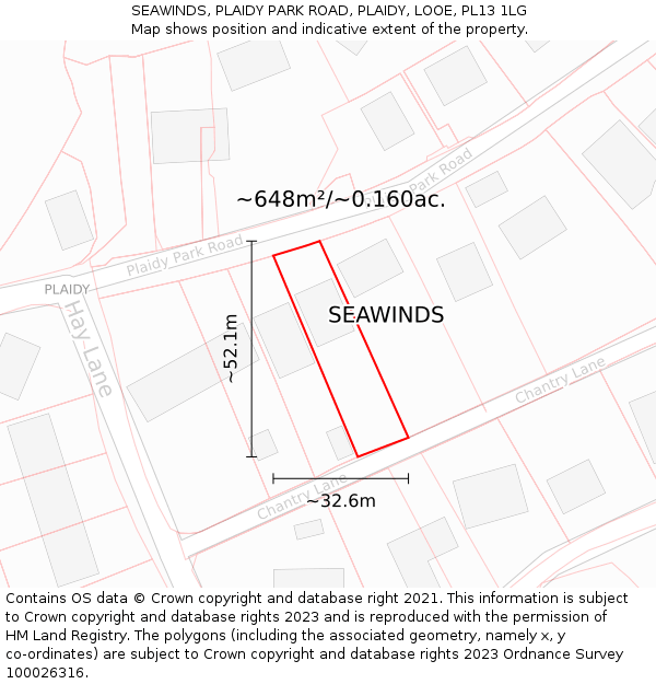 SEAWINDS, PLAIDY PARK ROAD, PLAIDY, LOOE, PL13 1LG: Plot and title map