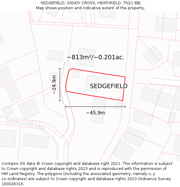 SEDGEFIELD, SANDY CROSS, HEATHFIELD, TN21 8BJ: Plot and title map