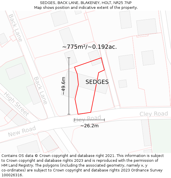 SEDGES, BACK LANE, BLAKENEY, HOLT, NR25 7NP: Plot and title map
