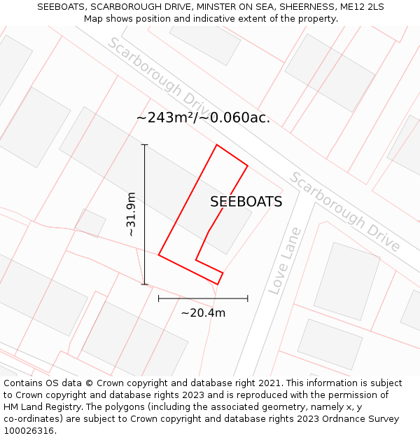 SEEBOATS, SCARBOROUGH DRIVE, MINSTER ON SEA, SHEERNESS, ME12 2LS: Plot and title map