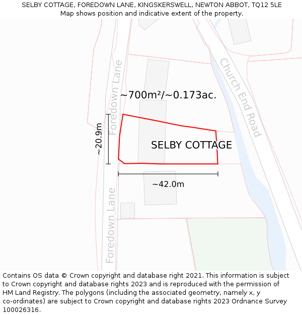 SELBY COTTAGE, FOREDOWN LANE, KINGSKERSWELL, NEWTON ABBOT, TQ12 5LE: Plot and title map
