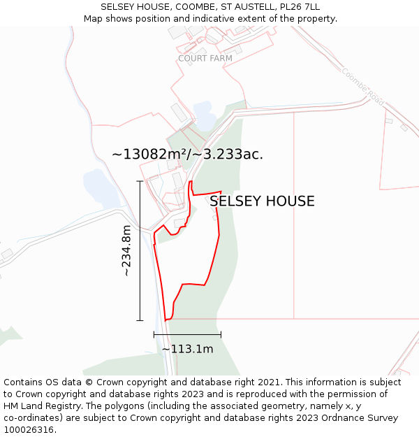 SELSEY HOUSE, COOMBE, ST AUSTELL, PL26 7LL: Plot and title map