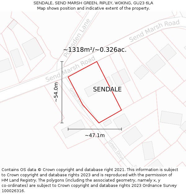 SENDALE, SEND MARSH GREEN, RIPLEY, WOKING, GU23 6LA: Plot and title map