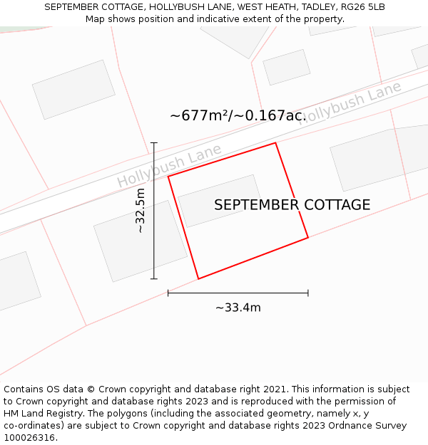 SEPTEMBER COTTAGE, HOLLYBUSH LANE, WEST HEATH, TADLEY, RG26 5LB: Plot and title map