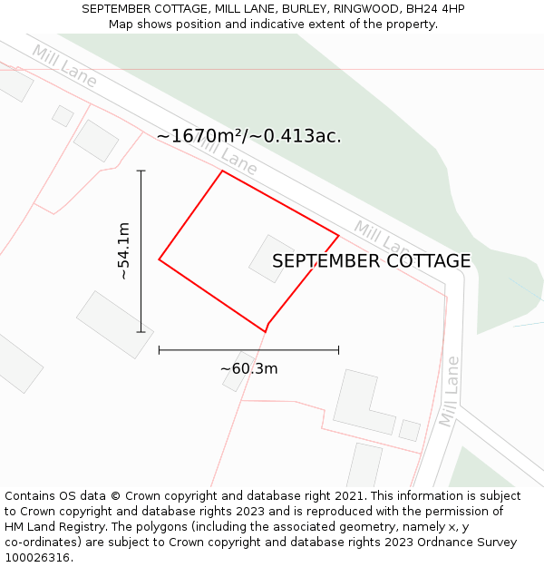 SEPTEMBER COTTAGE, MILL LANE, BURLEY, RINGWOOD, BH24 4HP: Plot and title map