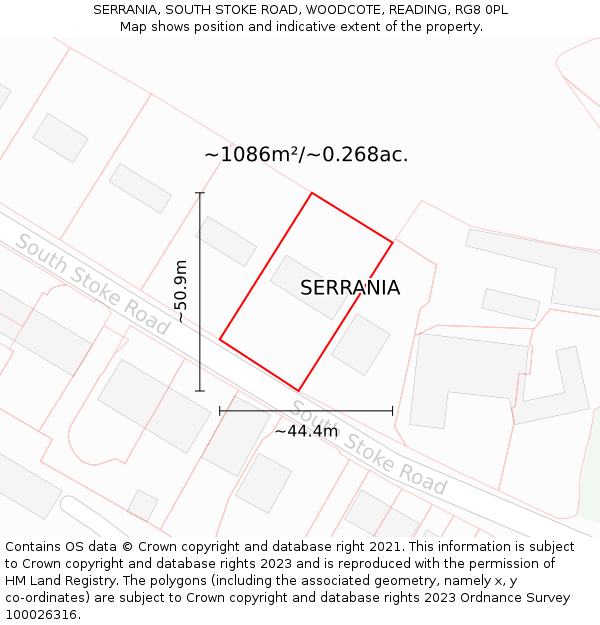 SERRANIA, SOUTH STOKE ROAD, WOODCOTE, READING, RG8 0PL: Plot and title map