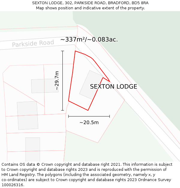 SEXTON LODGE, 302, PARKSIDE ROAD, BRADFORD, BD5 8RA: Plot and title map