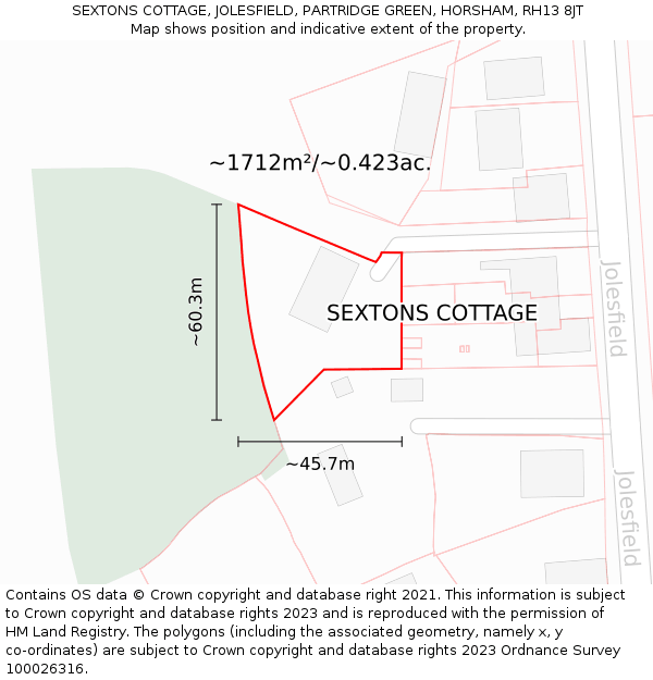 SEXTONS COTTAGE, JOLESFIELD, PARTRIDGE GREEN, HORSHAM, RH13 8JT: Plot and title map