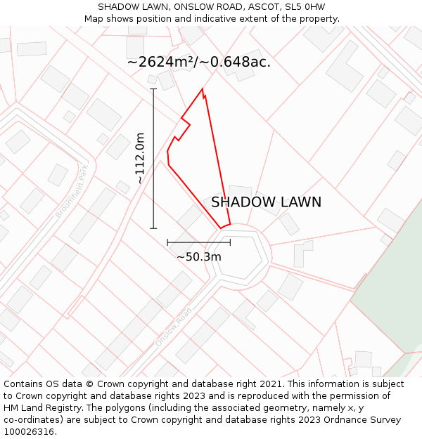 SHADOW LAWN, ONSLOW ROAD, ASCOT, SL5 0HW: Plot and title map