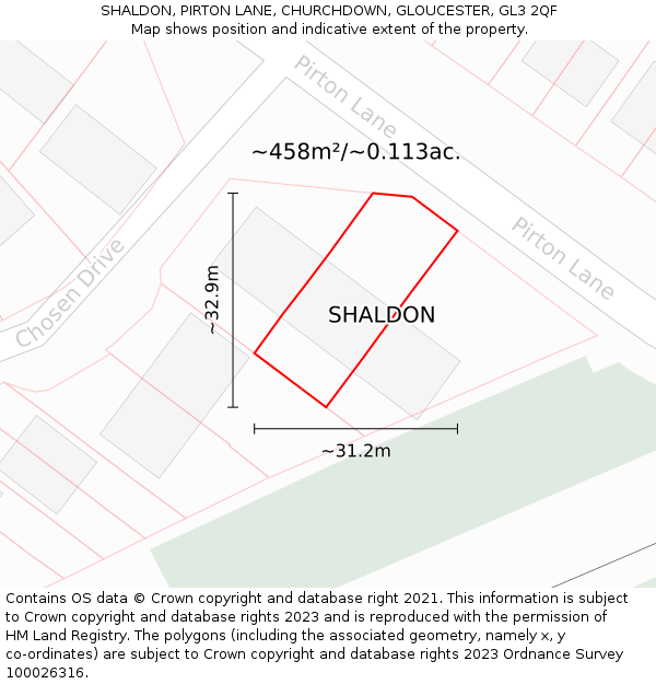 SHALDON, PIRTON LANE, CHURCHDOWN, GLOUCESTER, GL3 2QF: Plot and title map