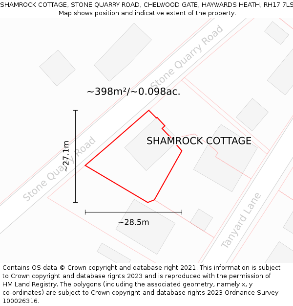 SHAMROCK COTTAGE, STONE QUARRY ROAD, CHELWOOD GATE, HAYWARDS HEATH, RH17 7LS: Plot and title map