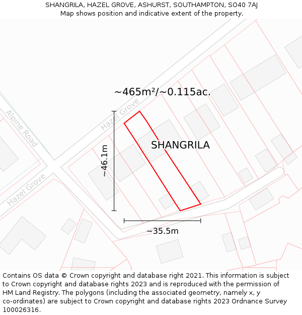 SHANGRILA, HAZEL GROVE, ASHURST, SOUTHAMPTON, SO40 7AJ: Plot and title map