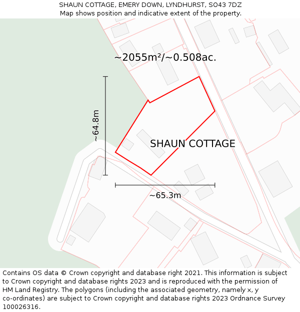 SHAUN COTTAGE, EMERY DOWN, LYNDHURST, SO43 7DZ: Plot and title map