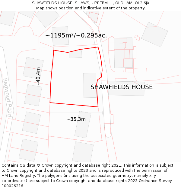 SHAWFIELDS HOUSE, SHAWS, UPPERMILL, OLDHAM, OL3 6JX: Plot and title map