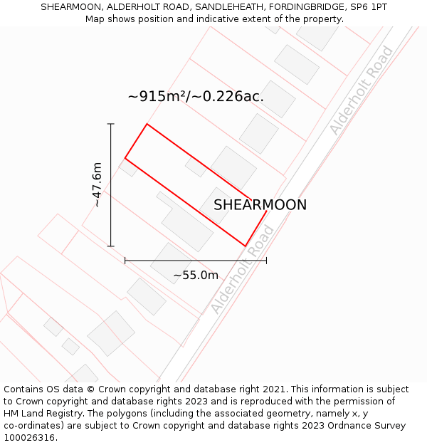 SHEARMOON, ALDERHOLT ROAD, SANDLEHEATH, FORDINGBRIDGE, SP6 1PT: Plot and title map