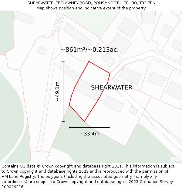 SHEARWATER, TRELAWNEY ROAD, PONSANOOTH, TRURO, TR3 7EN: Plot and title map