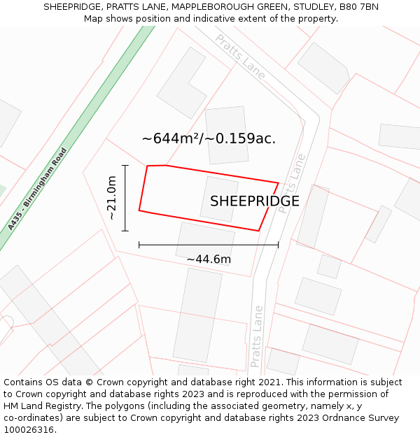 SHEEPRIDGE, PRATTS LANE, MAPPLEBOROUGH GREEN, STUDLEY, B80 7BN: Plot and title map