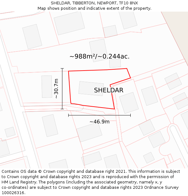 SHELDAR, TIBBERTON, NEWPORT, TF10 8NX: Plot and title map