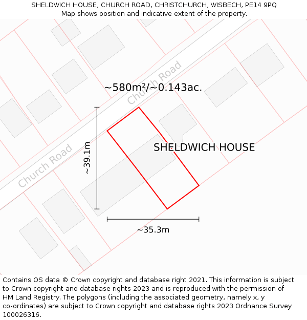 SHELDWICH HOUSE, CHURCH ROAD, CHRISTCHURCH, WISBECH, PE14 9PQ: Plot and title map