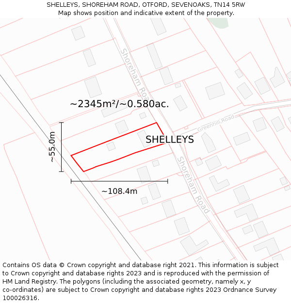 SHELLEYS, SHOREHAM ROAD, OTFORD, SEVENOAKS, TN14 5RW: Plot and title map