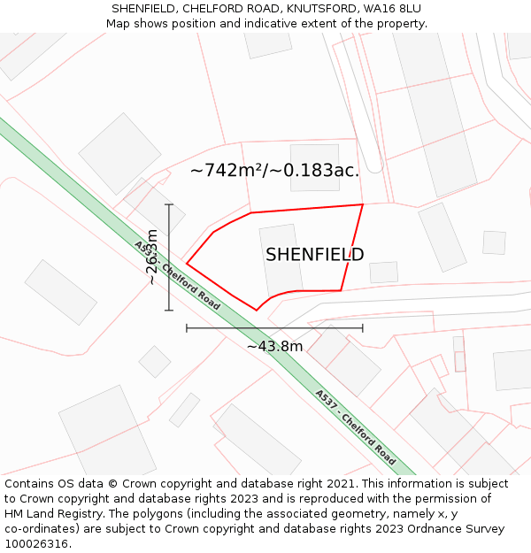 SHENFIELD, CHELFORD ROAD, KNUTSFORD, WA16 8LU: Plot and title map