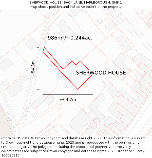SHERWOOD HOUSE, BACK LANE, MARLBOROUGH, SN8 1JJ: Plot and title map