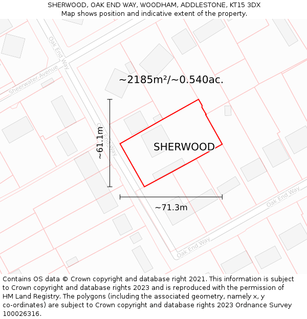 SHERWOOD, OAK END WAY, WOODHAM, ADDLESTONE, KT15 3DX: Plot and title map