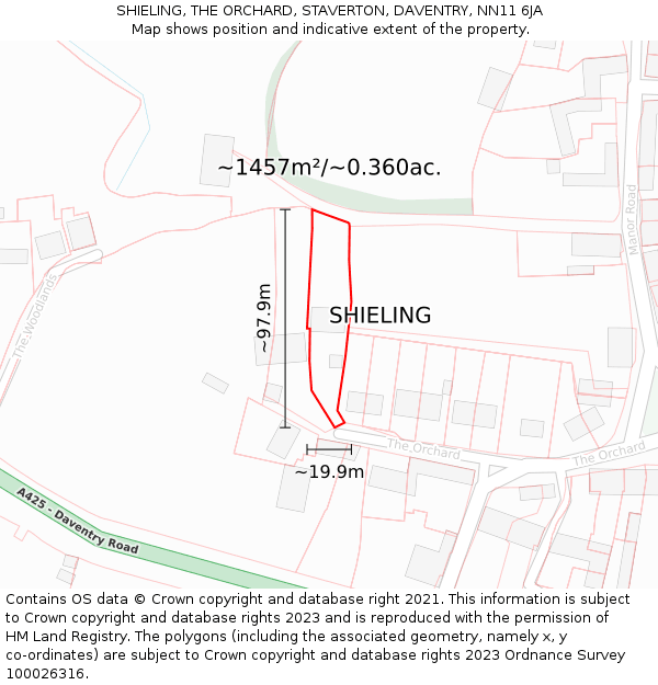 SHIELING, THE ORCHARD, STAVERTON, DAVENTRY, NN11 6JA: Plot and title map