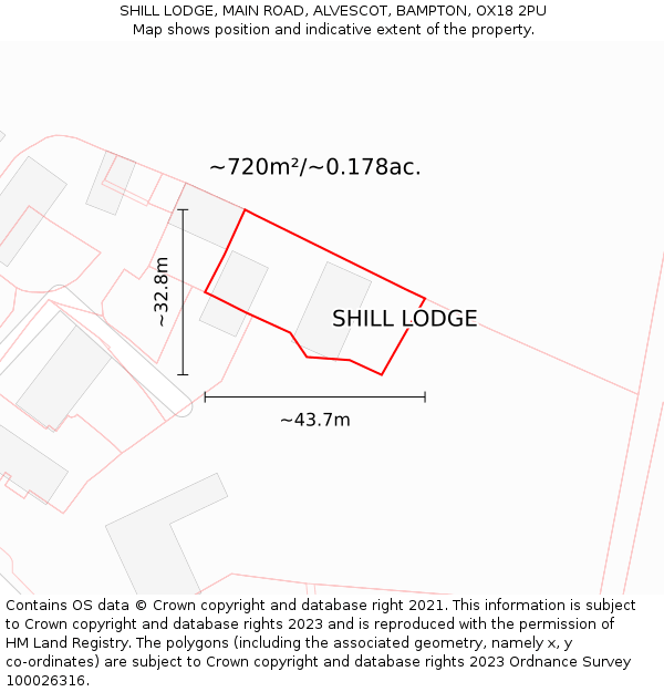 SHILL LODGE, MAIN ROAD, ALVESCOT, BAMPTON, OX18 2PU: Plot and title map