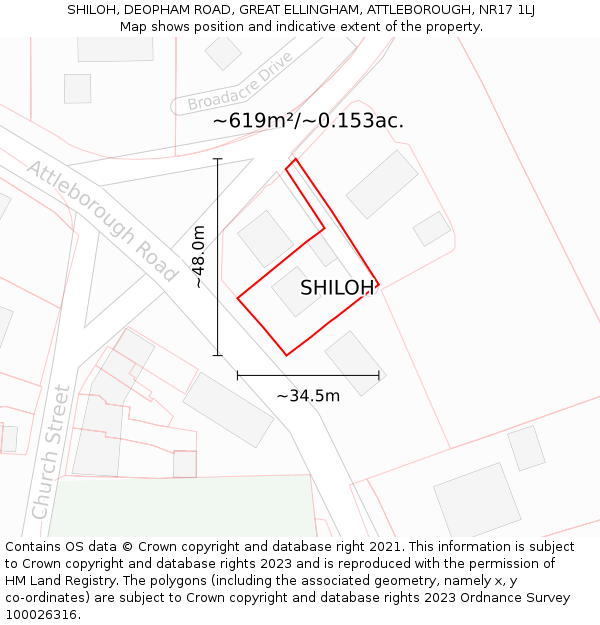 SHILOH, DEOPHAM ROAD, GREAT ELLINGHAM, ATTLEBOROUGH, NR17 1LJ: Plot and title map