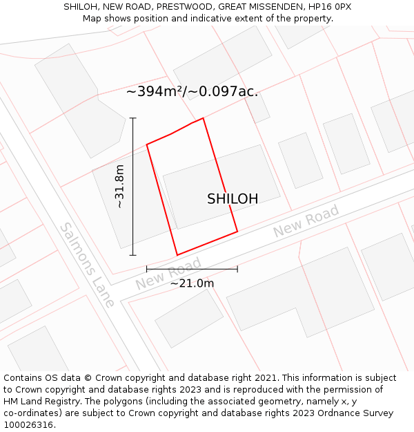 SHILOH, NEW ROAD, PRESTWOOD, GREAT MISSENDEN, HP16 0PX: Plot and title map