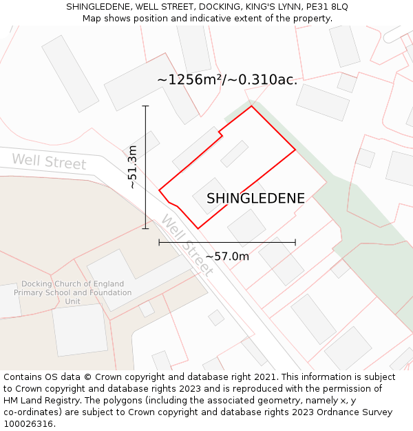 SHINGLEDENE, WELL STREET, DOCKING, KING'S LYNN, PE31 8LQ: Plot and title map