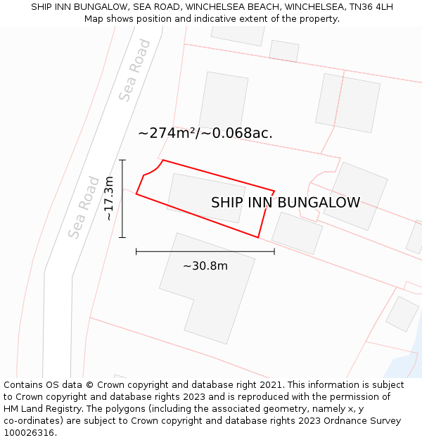 SHIP INN BUNGALOW, SEA ROAD, WINCHELSEA BEACH, WINCHELSEA, TN36 4LH: Plot and title map