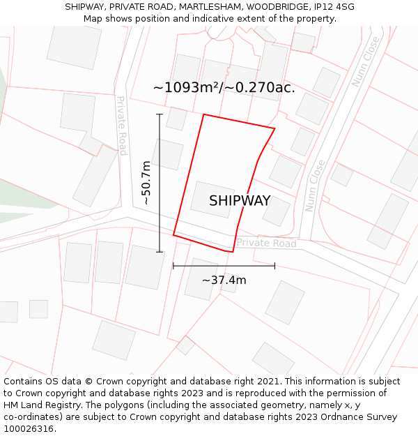 SHIPWAY, PRIVATE ROAD, MARTLESHAM, WOODBRIDGE, IP12 4SG: Plot and title map